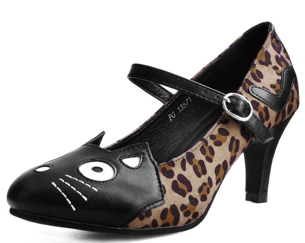 A9444L Leopard Kitty Mary Jane Heel Brown