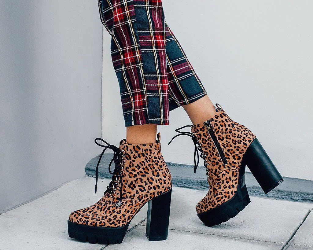 Leopard 6 Ring Vegan Patent Bootie Platform Heel Boot T.U.K