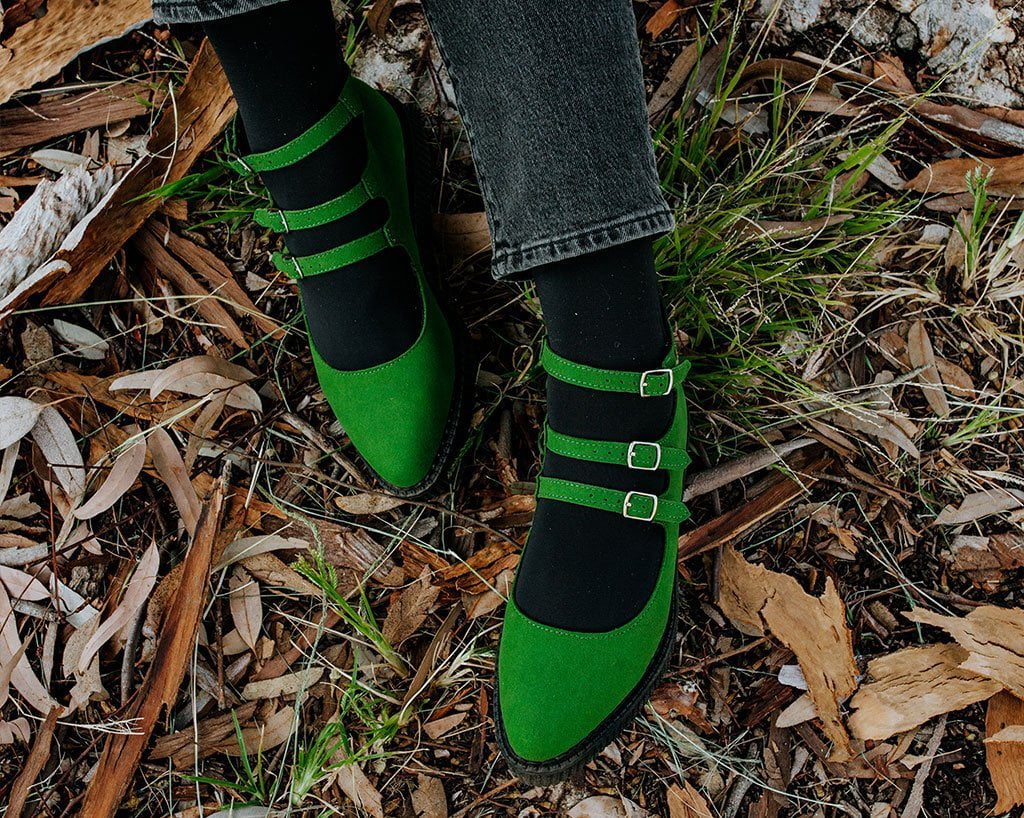 Jade Green Suede 3-Strap Mary Jane