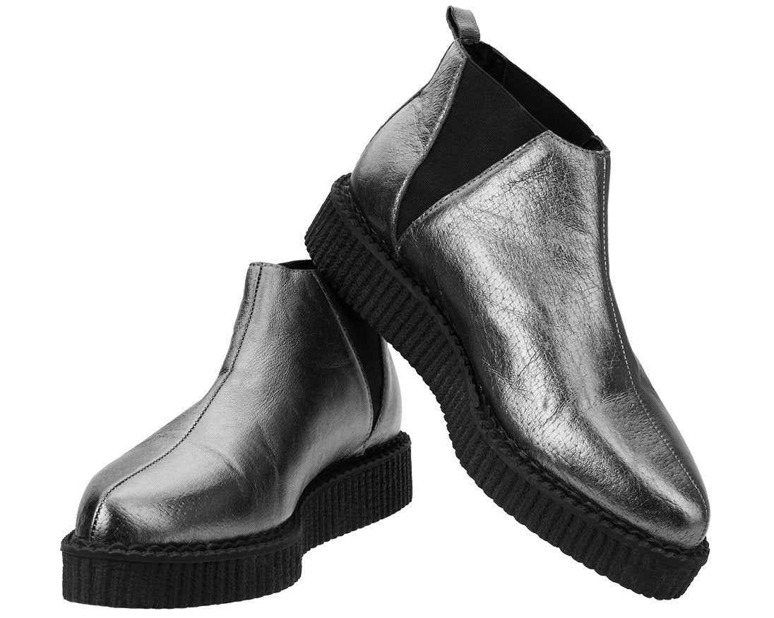 Metallic Graphite Leather Chelsea Pointed Creeper Boot –