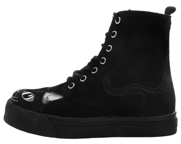 Black Faux Suede Embroidered Kitty Sneaker Boot