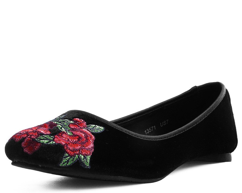 Black Velvet Rose Embroidered Flat 