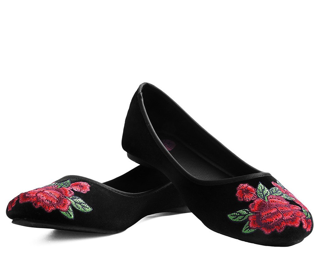 Black Velvet Rose Embroidered Flat 