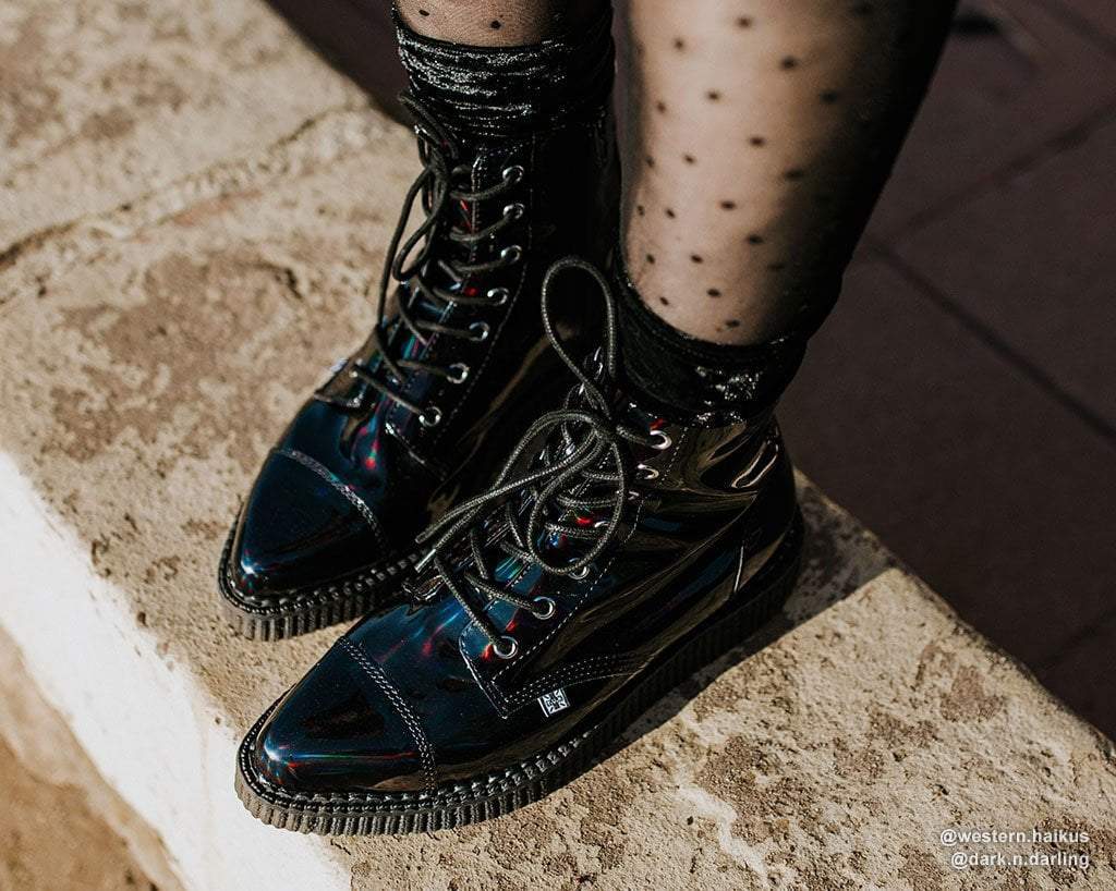 Black Hologram Pointed Lace Up Boot