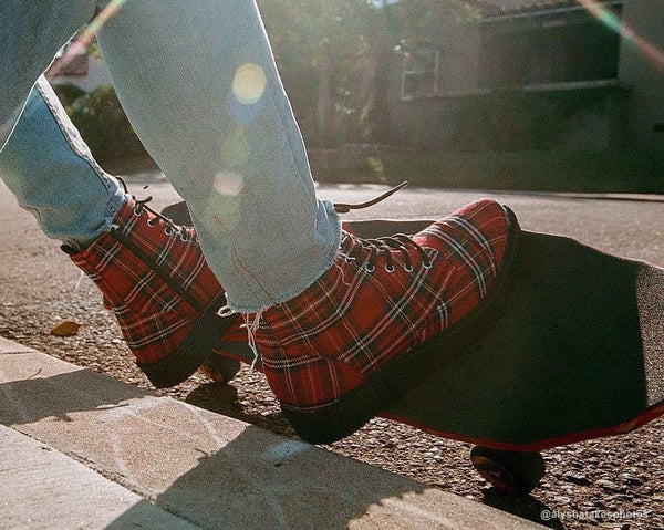 Red Plaid Pointed Lace Up Boot