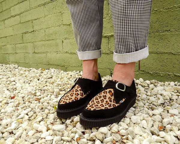Black Suede Leopard Monk Buckle Pointed Creeper