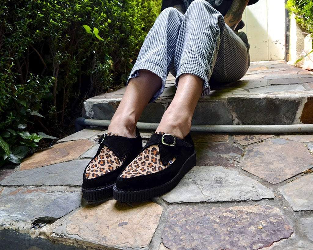 Black Suede Leopard Monk Buckle Pointed Creeper