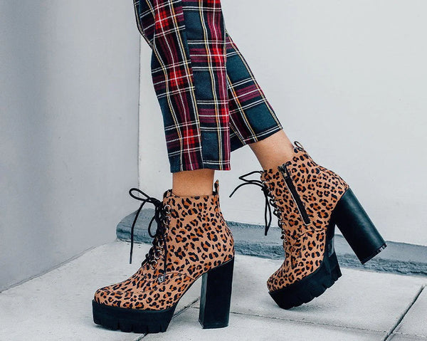 Leopard 6 Ring Vegan Patent Bootie Platform Heel Boot T.U.K. Footwear Outlet