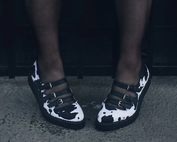 Black & White Cow Print 3-Strap Pointed Mary Jane