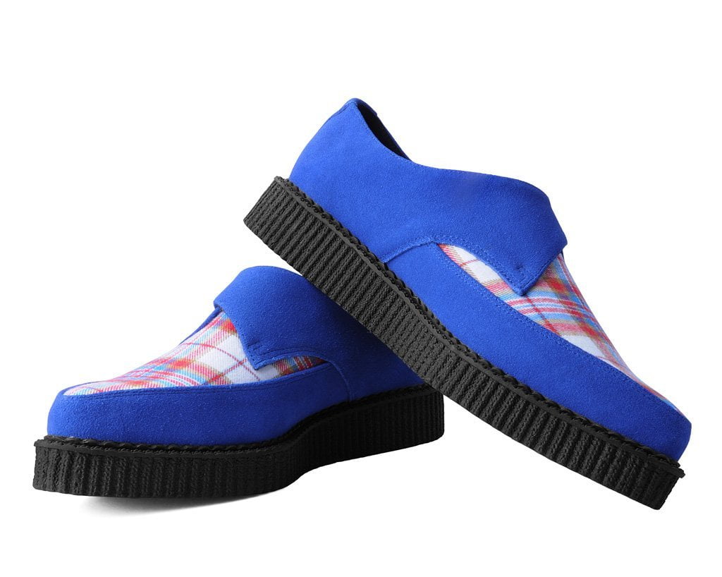 Blue Suede & Orange Plaid Pointed Monk Buckle Creeper