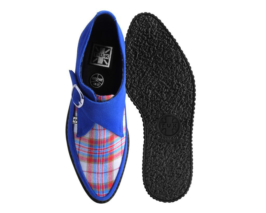 Blue Suede & Orange Plaid Pointed Monk Buckle Creeper