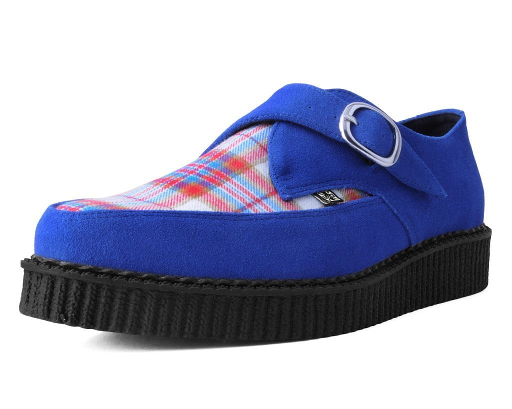 Blue Suede & Orange Plaid Pointed Monk Buckle Creeper
