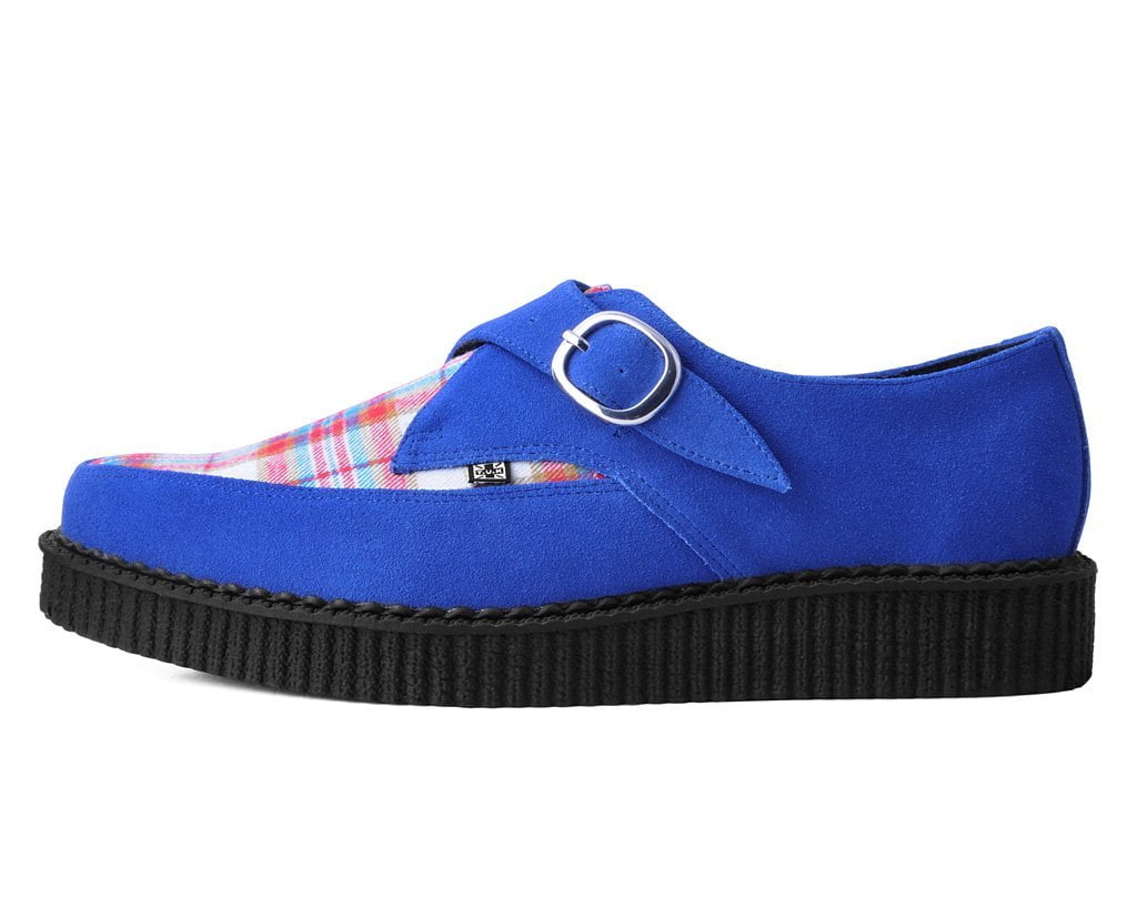 Blue Suede & Orange Plaid Pointed Monk Buckle Creeper