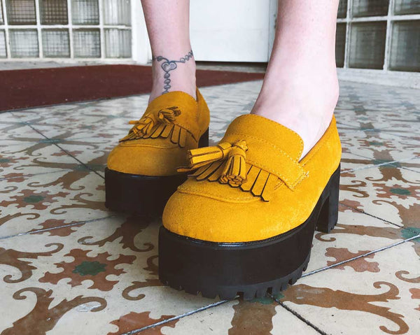 Mustard Faux Suede Fringe Loafer Platform