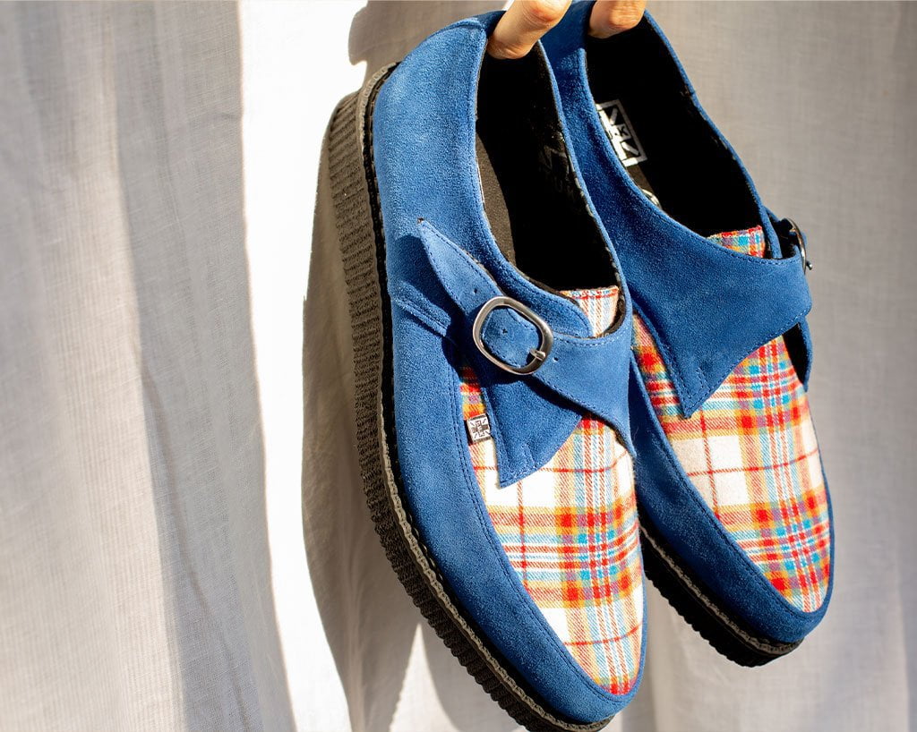 Blue Suede & Orange Plaid Pointed Monk Buckle Creeper