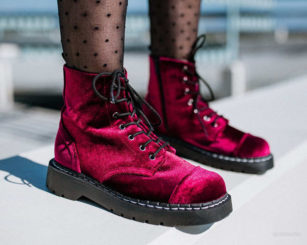 Burgundy Velvet Anarchic Combat Boots T.U.K. Footwear Outlet