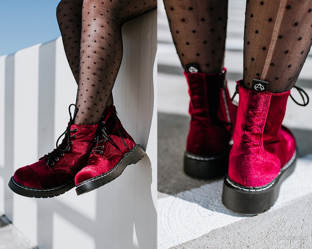 Burgundy velvet dr martens best sale