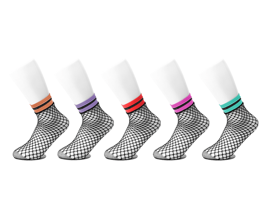 Multi-color Band Fishnet 5-Pk Sock